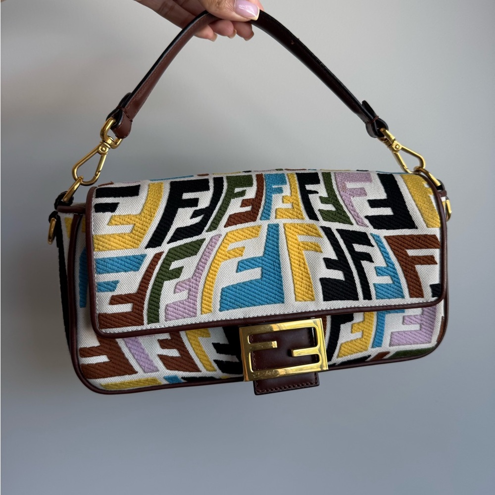 Fendi x Sara Coleman Canvas Fish Eye Medium Baguette Shoulder Bag SKU 233848